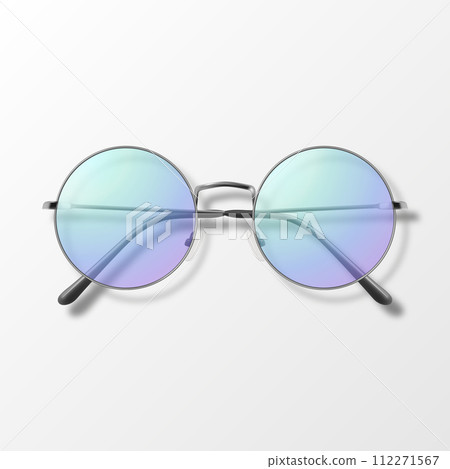 Vector 3d Realistic Purple Round Frame Glasses Isolated. Sunglasses, Lens, Vintage Eyeglasses in Top View. Design Template for Optics and Eyewear Branding Concept 112271567