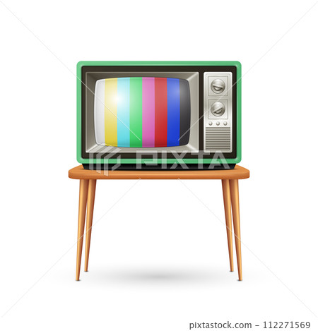 Vector 3d Realistic Green Retro TV Set on the Table, Isolated. Vintage TV Design Template for Home Interior Design Concept. Classic Retro TV Receiver in Front View 112271569