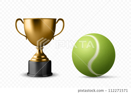 Vector 3d Realistic Blank Golden Champion Cup Icon with Tennis Ball Set Closeup Isolated. Championship Trophy Design Template for Sports Concept Vector 3d Realistic Blank Golden Champion Cup Icon with Tennis Ball Set Closeup Isolated. Championship Trophy Design Template for Sports Concept 112271571