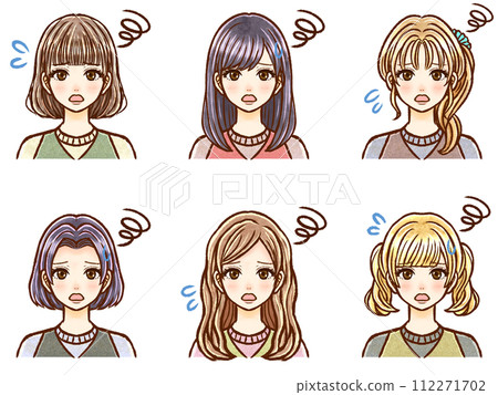 迷惘、不耐煩的成年女性髮型插畫素材集 112271702