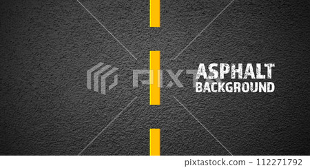 Asphalt road with yellow lane marking, concrete highway surface, texture. Street traffic line, road dividing strip. Pattern with grainy structure, grunge stone background. Vector illustration Asphalt road with yellow lane marking, concrete highway surface, texture. Street traffic line, road dividing strip. Pattern with grainy structure, grunge stone background. Vector illustration 112271792