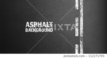 Asphalt road with white cracked lane marking, concrete highway surface, texture. Street traffic line, road dividing strip. Pattern with grainy structure, grunge stone background. Vector illustration 112271793