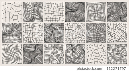 Wireframe shapes, lined perspective mesh, 3d grid. Low poly geometric elements. Retro futuristic design elements, y2k, vaporwave and synthwave style. Vector illustration 112271797