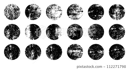 Grunge circles with stains and scratches. Circle brush stroke, round shape design element. Distressed dirty text frame, border, sticker or label. Paintbrush, ink stains. Vector illustration Grunge circles with stains and scratches. Circle brush stroke, round shape design element. Distressed dirty text frame, border, sticker or label. Paintbrush, ink stains. Vector illustration 112271798