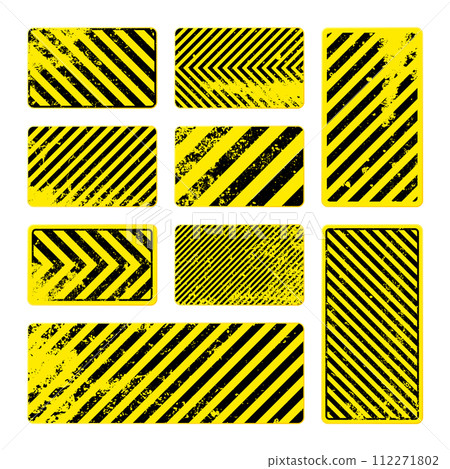 Various yellow grunge warning signs with diagonal lines. Old attention, danger or caution sign, construction site signage. Realistic notice signboard, warning banner, road shield. Vector illustration 112271802