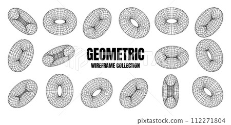 Wireframe shapes, lined torus. Perspective mesh, 3d grid. Low poly geometric elements. Retro futuristic design elements, y2k, vaporwave and synthwave style. Vector illustration Wireframe shapes, lined torus. Perspective mesh, 3d grid. Low poly geometric elements. Retro futuristic design elements, y2k, vaporwave and synthwave style. Vector illustration 112271804