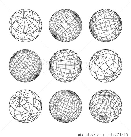 Wireframe shapes, lined sphere. Perspective mesh, 3d grid. Low poly geometric elements. Retro futuristic design elements, y2k, vaporwave and synthwave style. Vector illustration Wireframe shapes, lined sphere. Perspective mesh, 3d grid. Low poly geometric elements. Retro futuristic design elements, y2k, vaporwave and synthwave style. Vector illustration 112271815