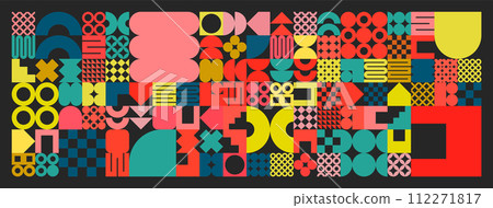Geometric texture with simple shapes, symbols. Colorful primitive elements and forms. Retro design, trendy contemporary minimalist style. Vector illustration Geometric texture with simple shapes, symbols. Colorful primitive elements and forms. Retro design, trendy contemporary minimalist style. Vector illustration 112271817