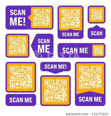 Scan me QR code sticker. Online payment. Special offer sale stickers, shopping discount label or promotional badge. Serial number, product ID. Supermarket retail label, price tag. Vector illustration Scan me QR code sticker. Online payment. Special offer sale stickers, shopping discount label or promotional badge. Serial number, product ID. Supermarket retail label, price tag. Vector illustration 112271825