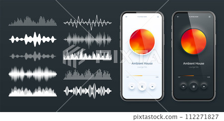Online audio player user interface, smartphone app UI design. Music, media streaming and listening platform. Responsive mobile application. Neumorphism. Various sound waves. Vector illustration 112271827