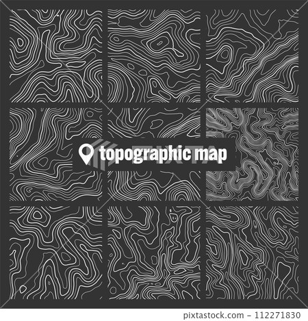 Topographic map with contour lines. Geographic terrain grid, relief height elevation. Ground path pattern. Travel and navigation, cartography design element. Vector illustration Topographic map with contour lines. Geographic terrain grid, relief height elevation. Ground path pattern. Travel and navigation, cartography design element. Vector illustration 112271830