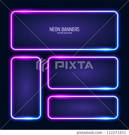Glowing neon banners, illuminated colorful square frames. Shiny vibrant border, glow effect. Blue vintage retro lights, night illumination. Modern futuristic UI design elements. Vector illustration Glowing neon banners, illuminated colorful square frames. Shiny vibrant border, glow effect. Blue vintage retro lights, night illumination. Modern futuristic UI design elements. Vector illustration 112271831
