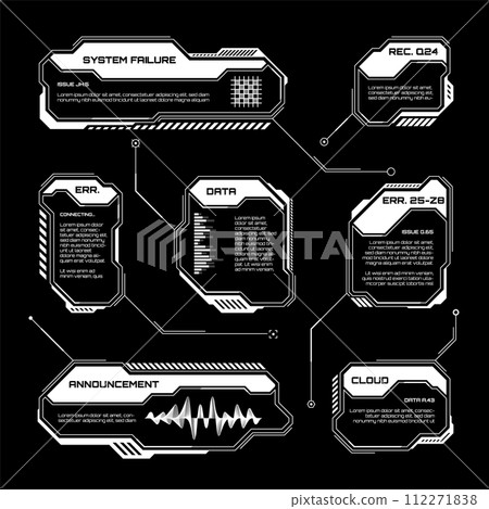 White futuristic HUD, UI elements. Sci-fi user interface text boxes, callouts. Warning message frames, information boxes template. Modern game interface layout in digital style. Vector illustration 112271838