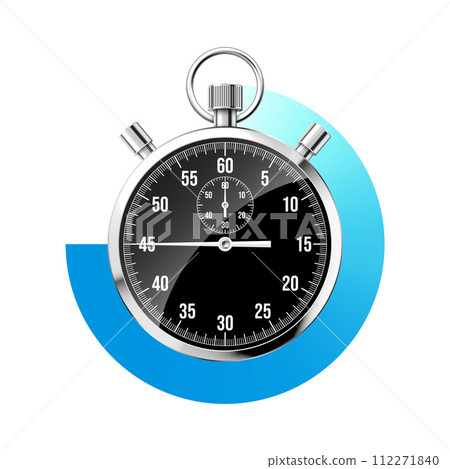 Realistic classic stopwatch. Shiny metal chronometer, black time counter with dial. Blue countdown timer showing minutes and seconds. Time measurement for sport, start and finish. Vector illustration 112271840
