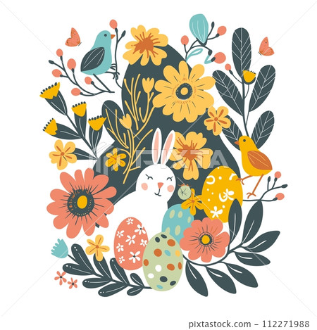 Springtime vector illustration of flowers, Easter rabbits with birds and plants, minimalist styled florals, spring seasonal background 112271988