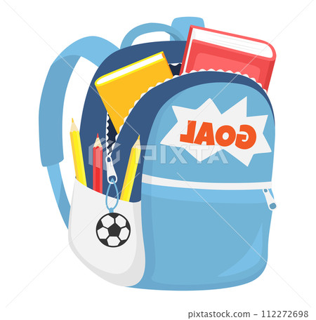 Blue school backpack books, pencils, soccer ball keychain. Education essentials students back school vector illustration Blue school backpack books, pencils, soccer ball keychain. Education essentials students back school vector illustration 112272698