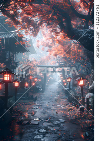 AI-generated content. A serene path cuts through a forest, lined with lanterns and trees, under the glow of a full moon. The atmospheric phenomenon creates a mystical atmosphere in the landscape AI-generated content. A serene path cuts through a forest, lined with lanterns and trees, under the glow of a full moon. The atmospheric phenomenon creates a mystical atmosphere in the landscape 112272761