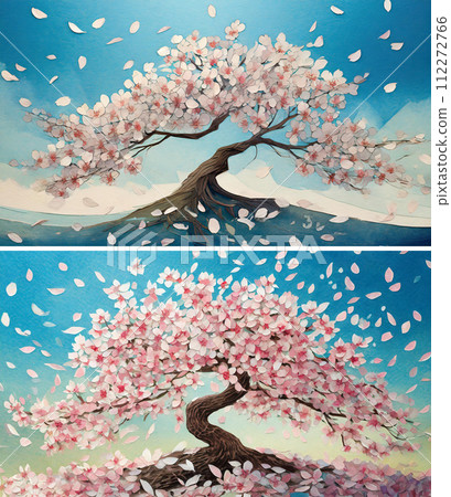 Cherry blossoms in full bloom with fluttering petals, paper-cut style (2 images) | Edit adobe AI-generated image that clears copyright issues 112272766
