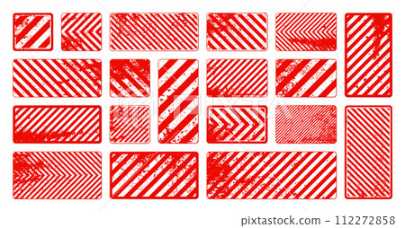 Red grunge warning signs with diagonal lines. Old attention, danger or caution sign, construction site signage. Realistic notice signboard, warning banner, road shield. Vector illustration 112272858