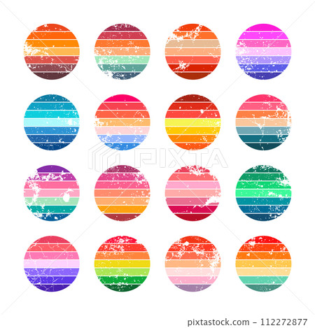 Grunge vintage sunset collection. Colorful striped sunrise badges in 80s and 90s style. Sun and ocean view, summer vibes, surfing. Design element for print, logo or t-shirt. Vector illustration Grunge vintage sunset collection. Colorful striped sunrise badges in 80s and 90s style. Sun and ocean view, summer vibes, surfing. Design element for print, logo or t-shirt. Vector illustration 112272877