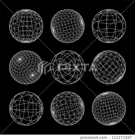 Wireframe shapes, lined sphere. Perspective mesh, 3d grid. Low poly geometric elements. Retro futuristic design elements, y2k, vaporwave and synthwave style. Vector illustration 112272897