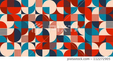 Geometric trendy pattern. Modern colorful background with simple elements. Retro texture with basic geometric shapes. Print design, minimalist poster cover. Vector illustration Geometric trendy pattern. Modern colorful background with simple elements. Retro texture with basic geometric shapes. Print design, minimalist poster cover. Vector illustration 112272905