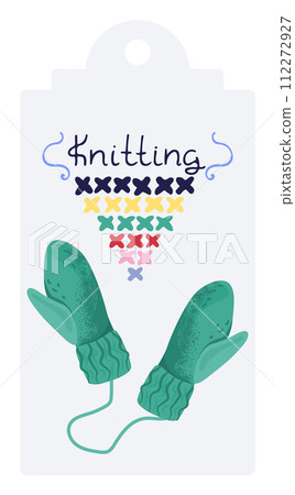 Teal mittens knitting illustration tag colorful crossstitch. Handmade winter accessories concept. Craft DIY hobby vector illustration 112272927