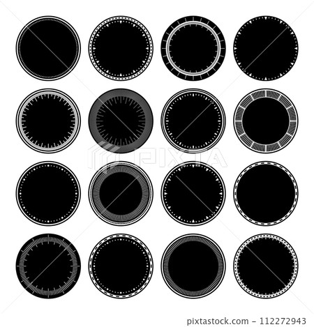 Mechanical clock faces, bezel. Watch dial with minute and hour marks. Timer or stopwatch element. Blank measuring circle scale with divisions. Vector illustration. 112272943
