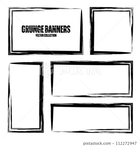 Grunge square frames, banners with stains and scratches. Brush stroke, rectangular shape design element. Distressed dirty text frame, border. Paintbrush, ink stains. Vector illustration Grunge square frames, banners with stains and scratches. Brush stroke, rectangular shape design element. Distressed dirty text frame, border. Paintbrush, ink stains. Vector illustration 112272947