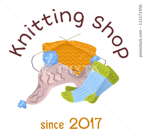 Handmade knitting shop logo colorful wool socks, yarn, needles. Cozy craft store emblem since 2017. Crafting homemade goods vector illustration 112272956