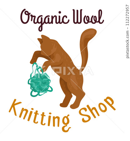 Brown cat holding green yarn ball, cute knitting shop logo design. Crafting, homemade hobbies themed vector illustration 112272957