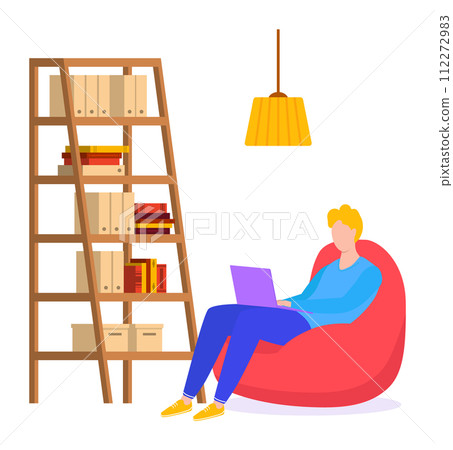 Young adult man sitting bean bag chair using laptop. Casual male computer home interior. Remote work online education concept vector illustration 112272983