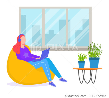Woman red hair sitting yellow beanbag using laptop, indoor large window, modern workspace. Freelancer working home vector illustration 112272984