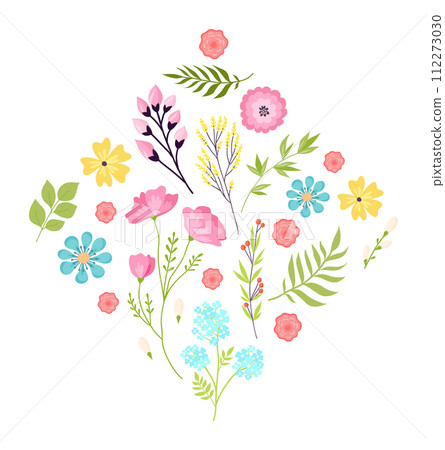 Assorted floral elements arranged heart shape, colorful flowers leaves design. Love, spring, nature themes. Romantic garden composition vector illustration 112273030