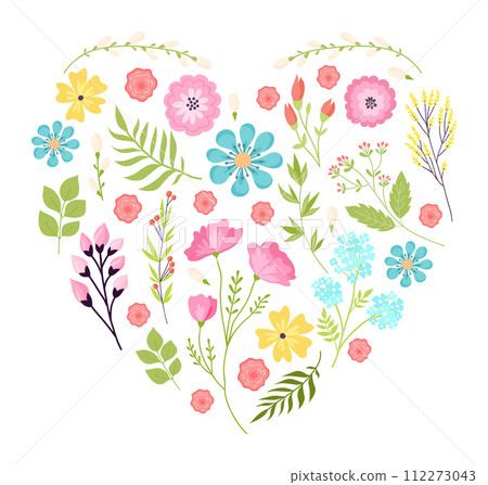 Floral heart shape colorful flowers leaves. Nature inspired design, romantic botanical arrangement. Springtime love symbol vector illustration Floral heart shape colorful flowers leaves. Nature inspired design, romantic botanical arrangement. Springtime love symbol vector illustration 112273043