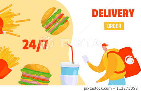 Delivery person red cap yellow jacket holding receipt near fast food items. Food delivery service concept courier, burger, fries, soda. Fast, convenient meal ordering vector illustration Delivery person red cap yellow jacket holding receipt near fast food items. Food delivery service concept courier, burger, fries, soda. Fast, convenient meal ordering vector illustration 112273058