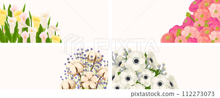 Four panels various flowers including calla lilies, roses, anemones, lavender. Elegant floral designs spring occasions. Artistic flowers greeting cards vector illustration Four panels various flowers including calla lilies, roses, anemones, lavender. Elegant floral designs spring occasions. Artistic flowers greeting cards vector illustration 112273073