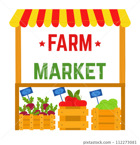 Colorful farm market stall fresh vegetables wooden crates. Local produce stand beets, tomatoes, lettuce vector illustration Colorful farm market stall fresh vegetables wooden crates. Local produce stand beets, tomatoes, lettuce vector illustration 112273081