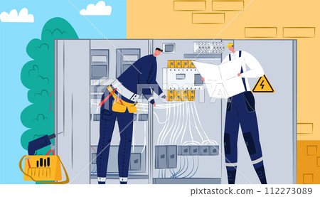 Two electricians working electrical panel indoors, one checking wires, reading schematic. Professional teamwork power system installation vector illustration 112273089