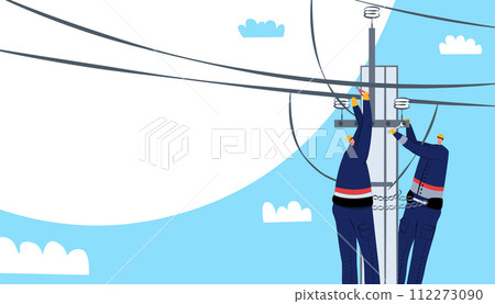 Electricians working power lines tools, clear sky. Technicians repairing electrical equipment utility pole. Maintenance work safety procedures vector illustration Electricians working power lines tools, clear sky. Technicians repairing electrical equipment utility pole. Maintenance work safety procedures vector illustration 112273090
