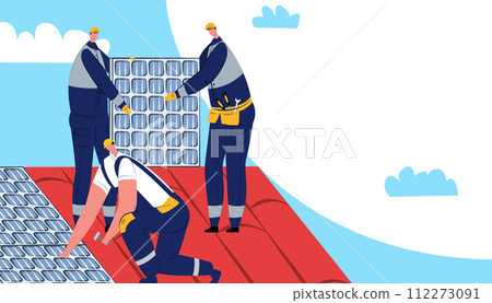 Three male construction workers installing solar panels roof. Technicians working solar modules renewable energy project. Sustainable technology green jobs vector illustration 112273091
