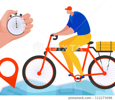 Hand holding stopwatch timing delivery cyclist riding fast. Express courier service concept delivery man location pin. Efficient logistics punctual vector illustration 112273096