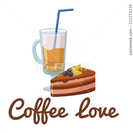 Layered cake slice berries next latte glass cup. Delicious dessert coffee drink vector illustration 112273110