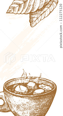 Handdrawn sketch bowl soup sliced bread. Brown white color palette food illustration. Gourmet homemade meal drawing vector illustration 112273120
