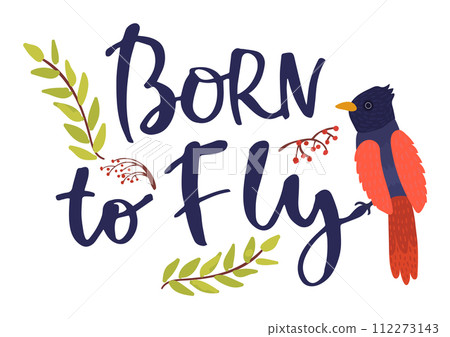 Colorful bird beside Born fly motivational quote. Inspirational message handdrawn bird foliage. Creative typography artwork vector illustration Colorful bird beside Born fly motivational quote. Inspirational message handdrawn bird foliage. Creative typography artwork vector illustration 112273143