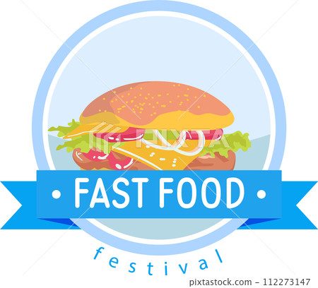 Colorful fast food festival logo juicy burger. Banner cheeseburger stylized text. Food event burger advertisement vector illustration 112273147