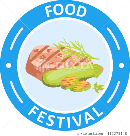 Grilled meat vegetables plate. Food festival logo steak, zucchini grill marks. Culinary event promotion vector illustration Grilled meat vegetables plate. Food festival logo steak, zucchini grill marks. Culinary event promotion vector illustration 112273148