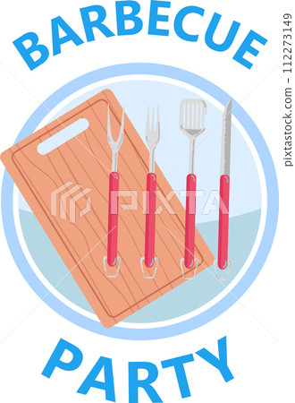 Barbecue tools cutting board blue barbecue party text. Grilling utensils vector illustration summer BBQ theme. Outdoor cooking picnic concept vector illustration 112273149