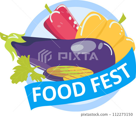 Bright colorful vegetables FOOD FEST text. Healthy eating vegetarian festival concept. Fresh produce promotion vector illustration 112273150