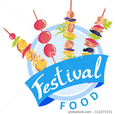 Colorful skewers meat vegetables, food festival logo design. Fresh ingredients kebabs, event banner. Culinary feast community gathering vector illustration 112273151
